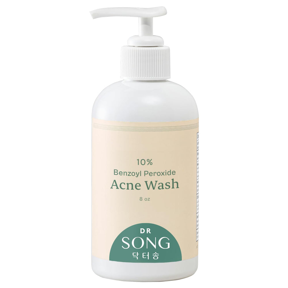 Dr Song Benzoyl Peroxide Wash: bouteille avec étiquette claire, purifie la peau en profondeur.
