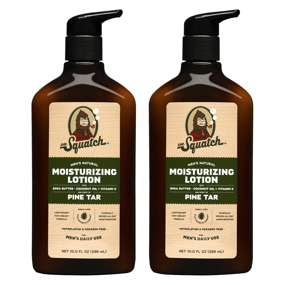 Dr. Squatch lotion Pine Tar dans sa bouteille, hydratation durable pour la peau.