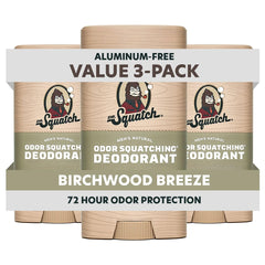 Dr. Squatch Desodorante Natural Birchwood Breeze en barra, pack triple para uso diario y protección duradera.