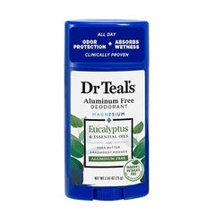 Dr Teal's desodorante, etiquetas claras, enfoque en fragancias de eucalipto y coco