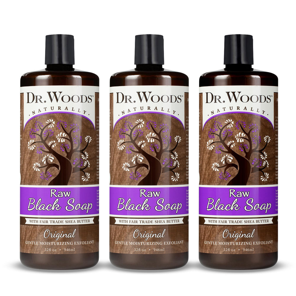 Dr. Woods Jabon Negro Liquido, botella vertiendo, limpieza suave para piel sensible.