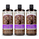 Dr. Woods Jabon Negro Liquido, botella vertiendo, limpieza suave para piel sensible.