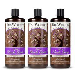 Dr. Woods Jabon Negro Liquido, botella vertiendo, limpieza suave para piel sensible.
