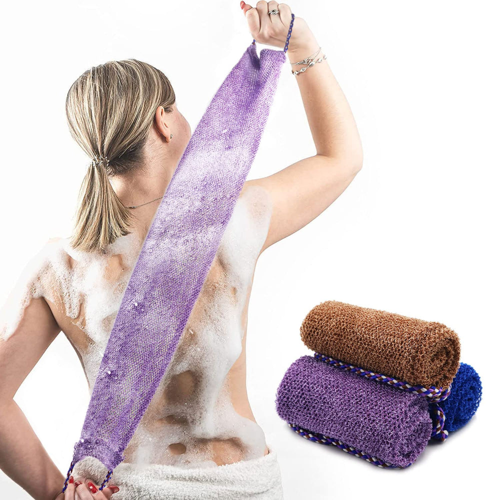 Dr.Pedi esponja de red africana con asas azules para un agarre cómodo durante la ducha.