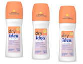 Dry Idea deodorant roll-on unscented three-pack bottles for daily protection.