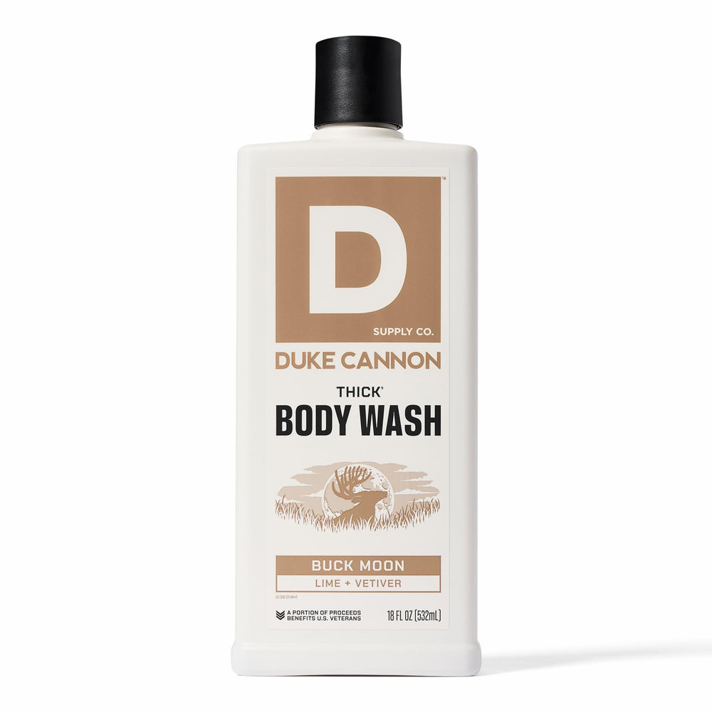 Duke Cannon Buck Moon body wash bottle with rugged, masculine design for daily grooming