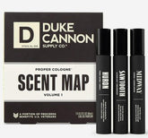 Duke Cannon Proper Cologne Sawtooth bottle on wood shelf, long-lasting woodsy scent.