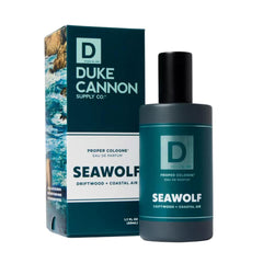 Duke Cannon Proper Cologne Seawolf driftwood bottle with a fresh, subtle daily scent.