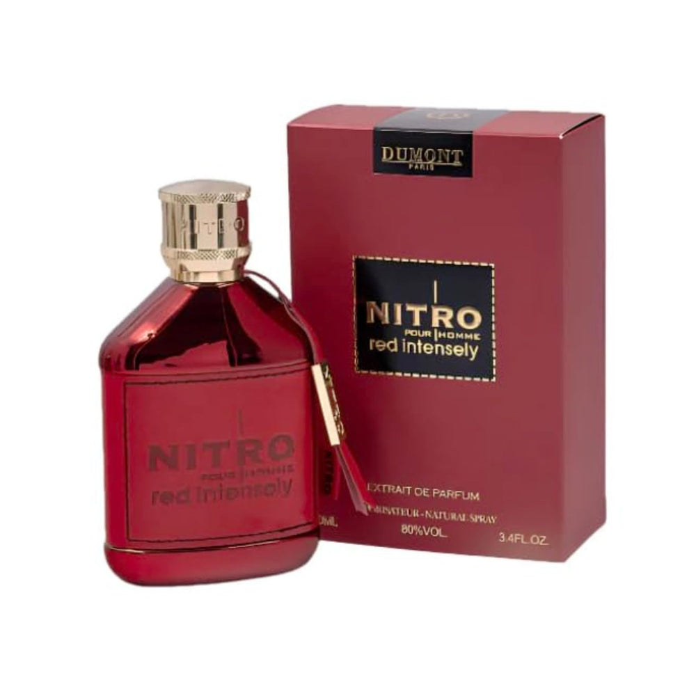 Dumont Nitro Rojo frente a botella, aroma duradero para noches especiales.