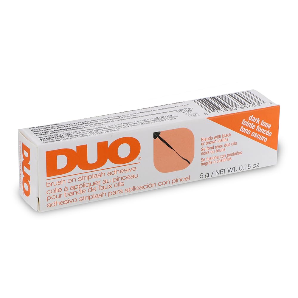 DUO adhesivo para pestañas tono oscuro en empaque, fijación duradera para aspecto diario