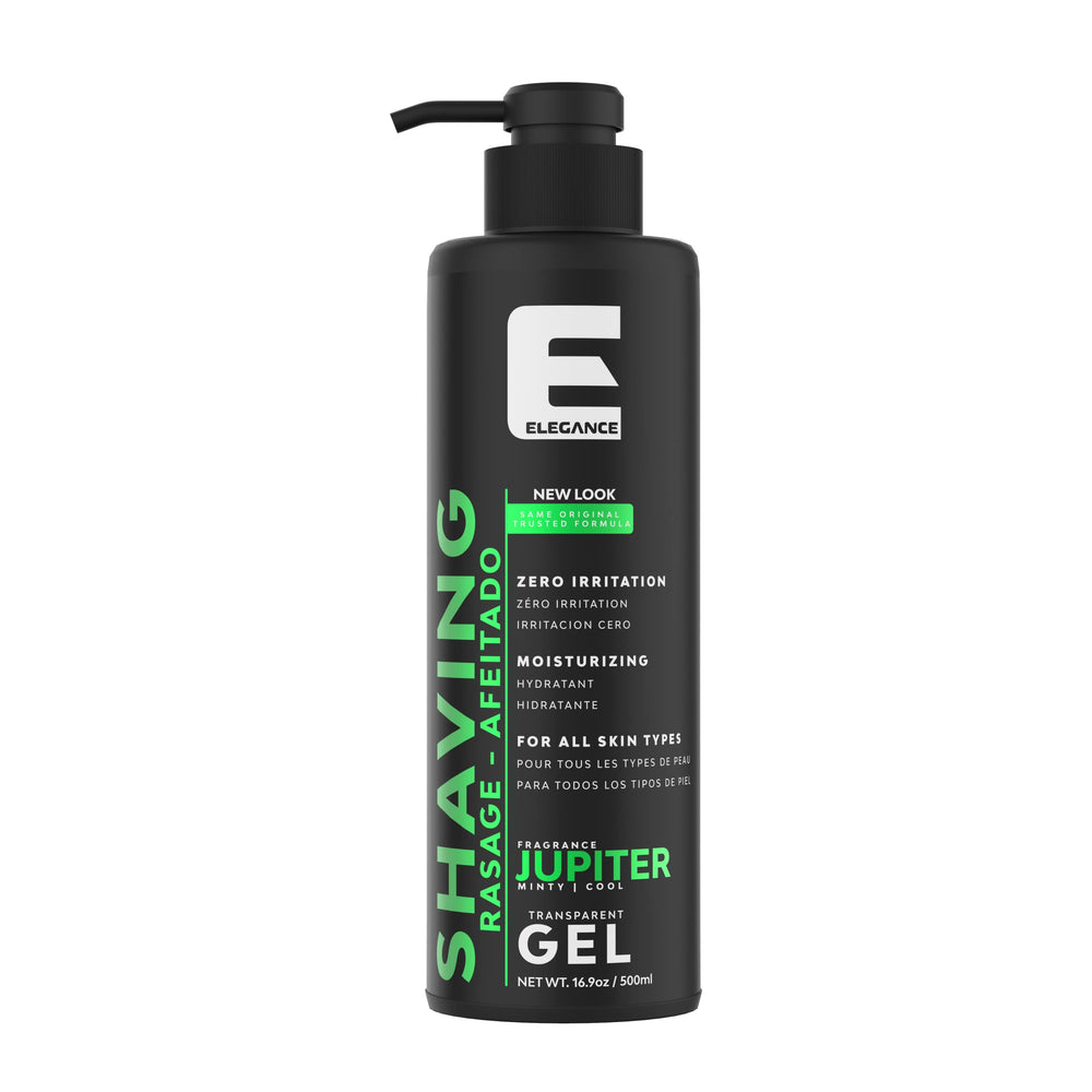 Gel de afeitado transparente de E Elegance para ver la trayectoria de la cuchilla y lograr precisión.