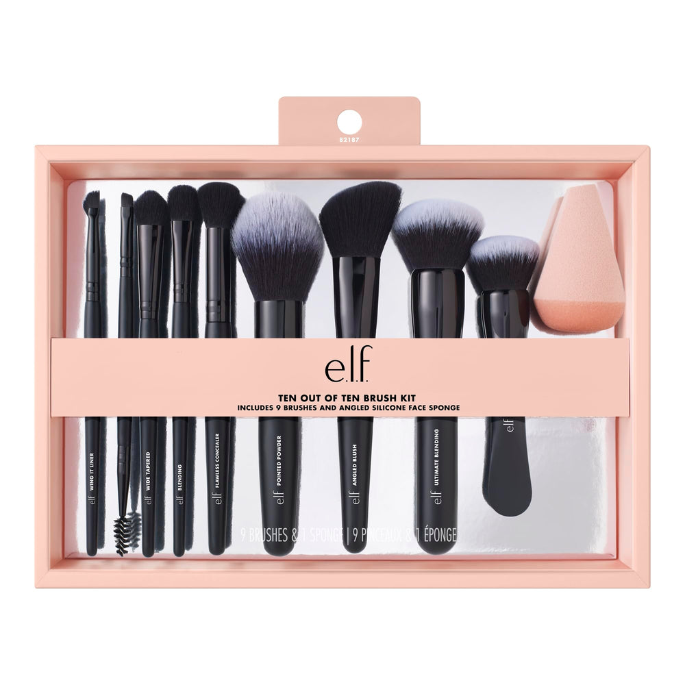 e.l.f. set de brochas de 10 piezas en estuche, ideal para rostro y ojos.