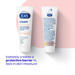 Aplicación suave de Crema E45 en las manos para aliviar la sequedad.