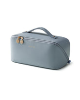Eachy bolso de maquillaje de viaje abierto plano para ver y ordenar todo fácilmente.