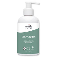 Earth Mama Belly Butter frente del envase, crema hipoalergénica para piel sensible durante el embarazo.