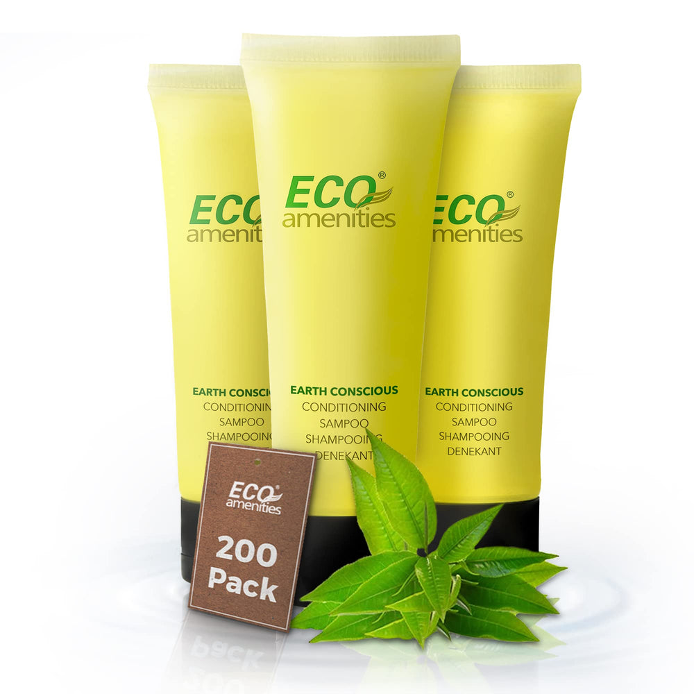 Éco amenities emballage mini-shampoing-après-shampoing au parfum thé vert, parfait pour les voyages.