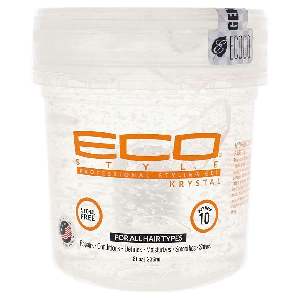 Eco Style Krystal: gel de peinado en envase, brillo intenso y fijación duradera.