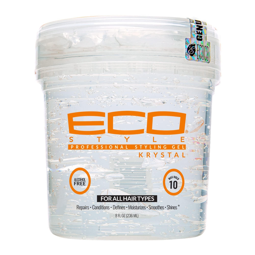 Eco Style Krystal Gel: botella vertiendo, fijación fuerte y brillo duradero.
