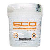 Eco Style Krystal Gel: botella vertiendo, fijación fuerte y brillo duradero.