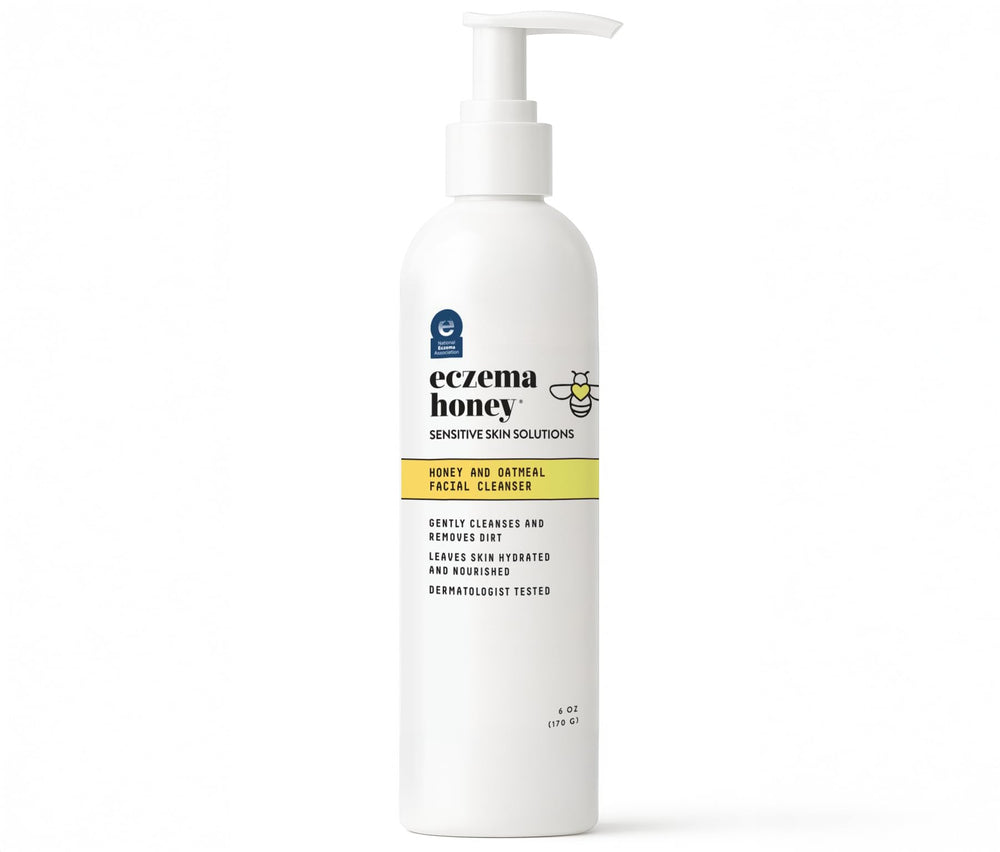 ECZEMA HONEY limpiador facial avena botella, limpieza suave para piel sensible.
