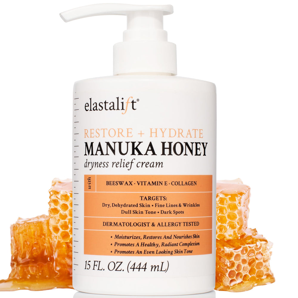 Elastalift Crema Manuka Honey en botella 15 oz para hidratación duradera.