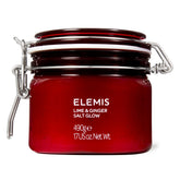 ELEMIS exfoliante de sal con lima y jengibre, foco en el bote, exfolia suavemente