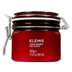 ELEMIS exfoliante de sal con lima y jengibre, foco en el bote, exfolia suavemente