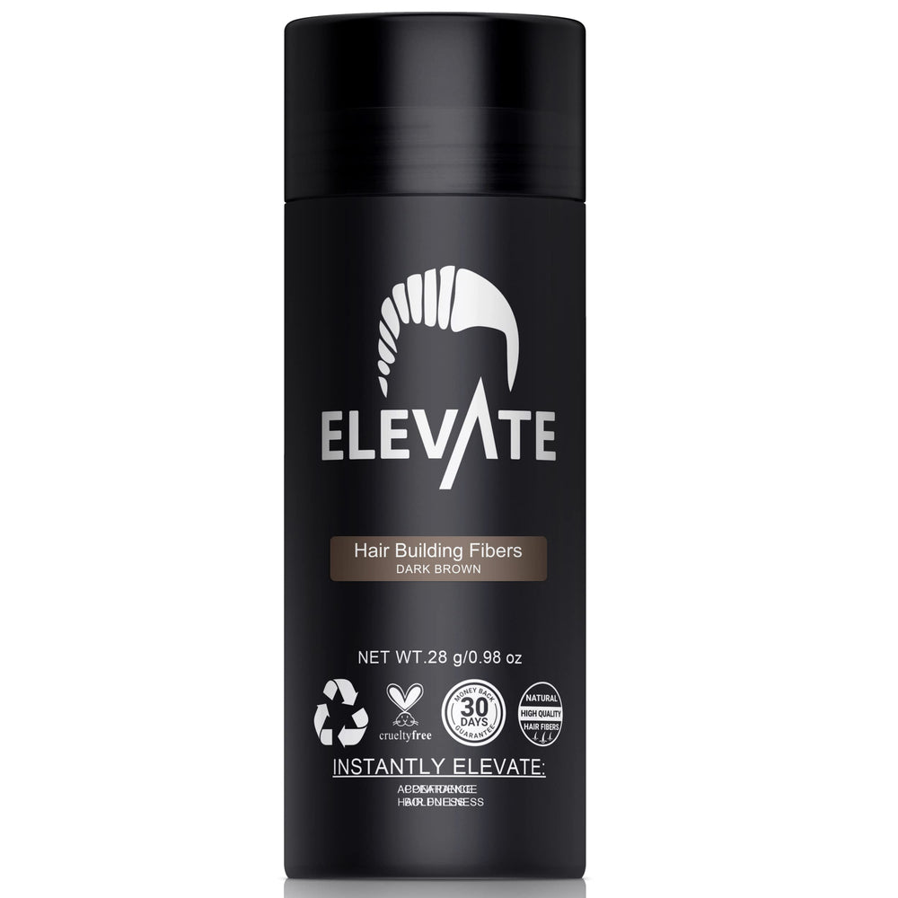 Elevate Hair Fibers envase marrón oscuro para apariencia más gruesa al instante.