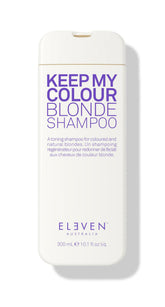 Shampoing ELEVEN AUSTRALIA Keep My Colour Blonde, bouteille bleue-violette neutralisant le jaunissement.