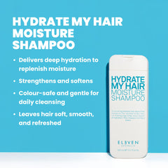 ELEVEN AUSTRALIA Shampoing Hydratant – etiquette nette et soin adapté aux cheveux abîmés.