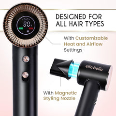 ELLA BELLA secador plasma ofrece brillo suave y elimina el frizz para uso diario.