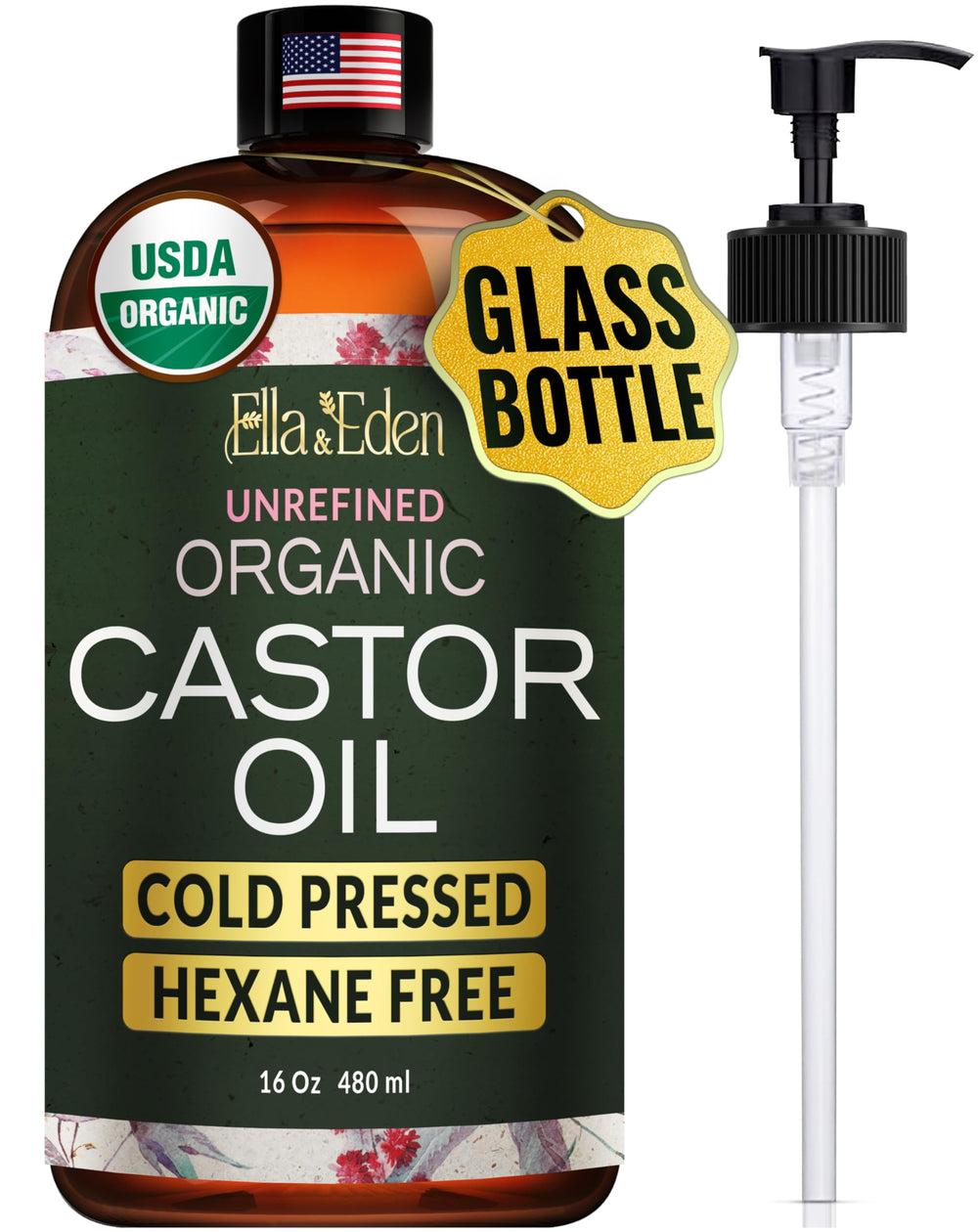 Ella & Eden Aceite de Ricino prensado en frío en botella de vidrio para hidratación profunda
