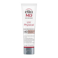 EltaMD UV Physical Rosy Tint SPF 40, envase frontal, protector mineral ligero para piel mixta.