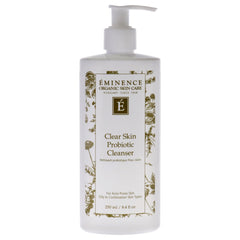 Limpiador probiótico Eminence para piel clara: botella, sensación refrescante y equilibrante.