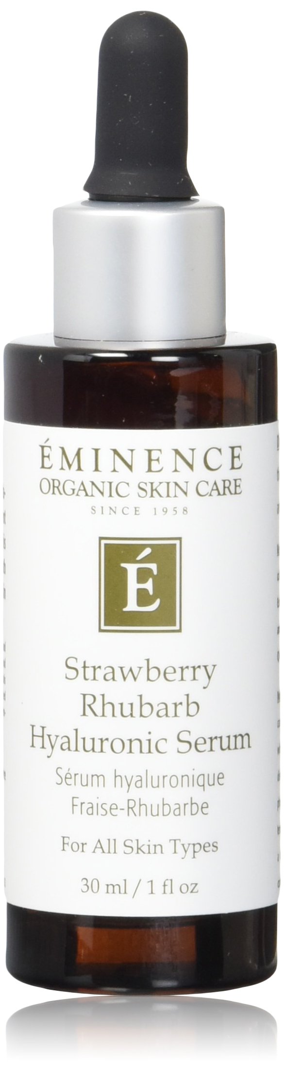 Eminence serum ácido hialurónico fresa y ruibarbo en botella, para hidratación suave.