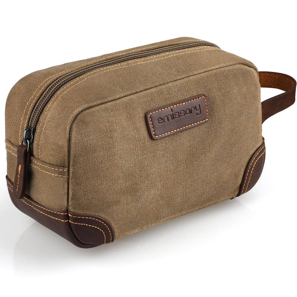 Emissary bolsa de aseo en cuero y lona, ideal para organizar artículos de viaje.