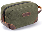 Emissary bolsa de aseo en cuero y lona verde oscuro, elegante para viajar.