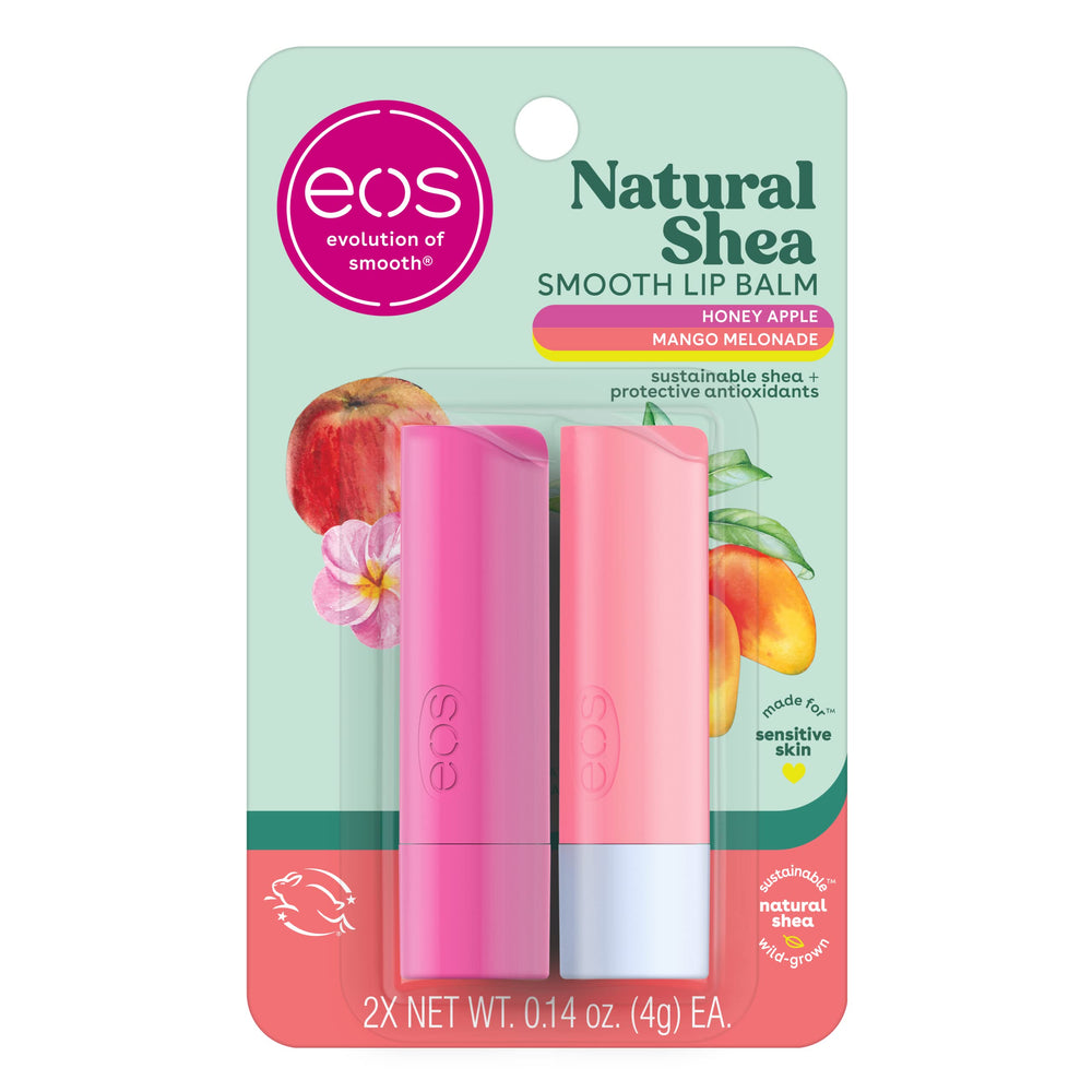 Bálsamo labial eos, envase rosa, hidratación duradera para uso diario.