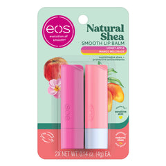 Bálsamo labial eos, envase rosa, hidratación duradera para uso diario.