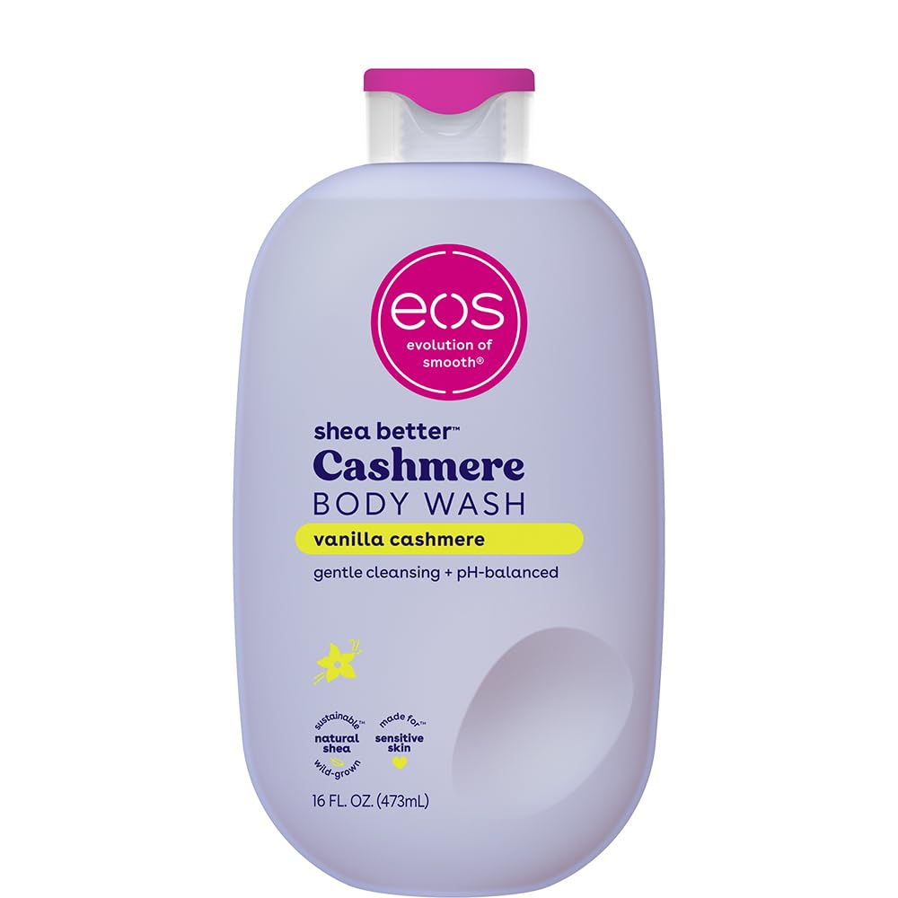EOS Vanilla Cashmere Body Wash bottle on shelf highlighting moisturizing scent