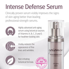 Aplicación suave de Epionce Intense Defense Serum para rutina facial clara.