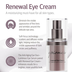 Epionce Renewal Eye Cream difunde la luz suavemente para atenuar ojeras.