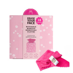 Toallitas ERASE YOUR FACE de microfibra rosadas para limpieza suave con agua.