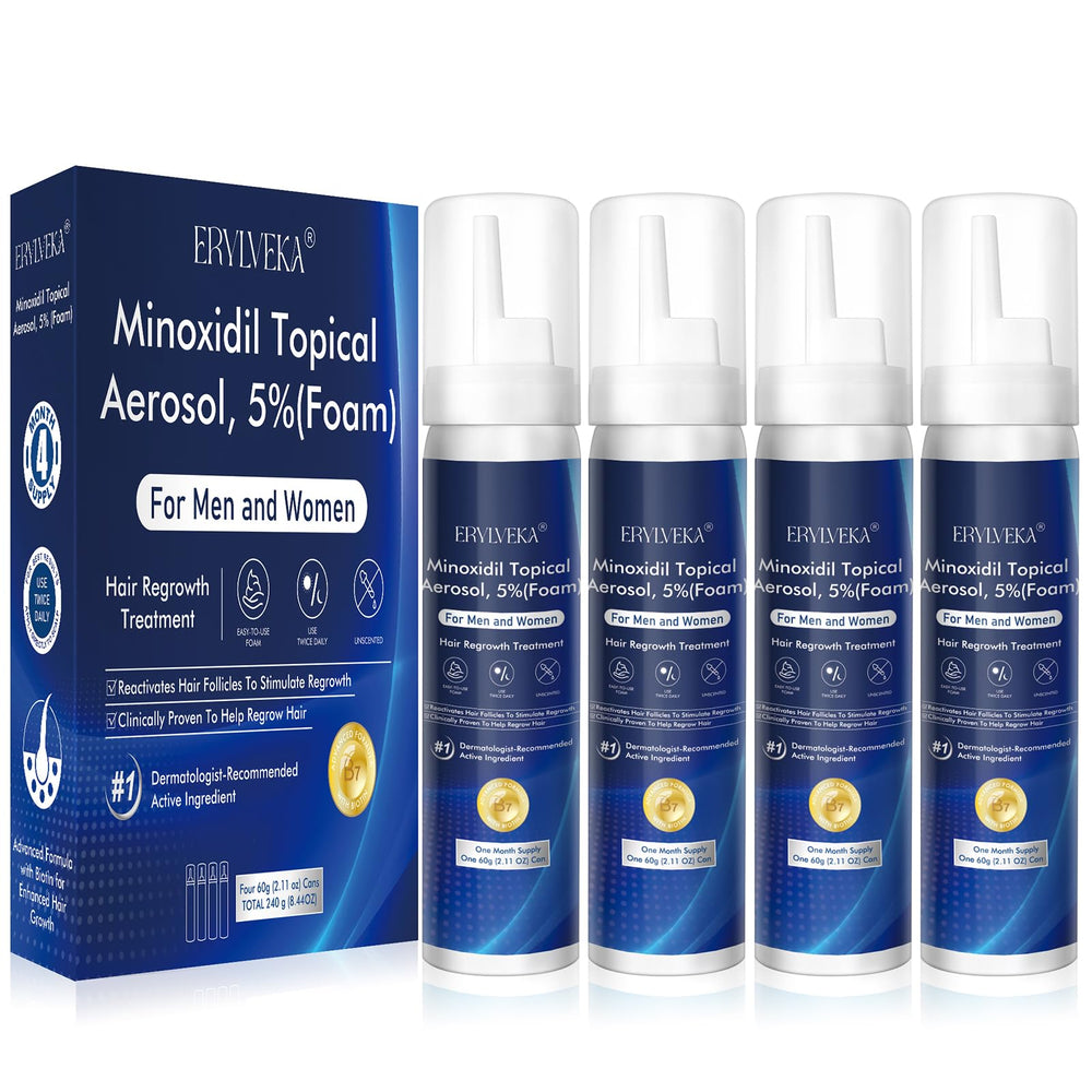 Espuma ERYLVEKA Minoxidil 5% con biotina para crecimiento capilar.