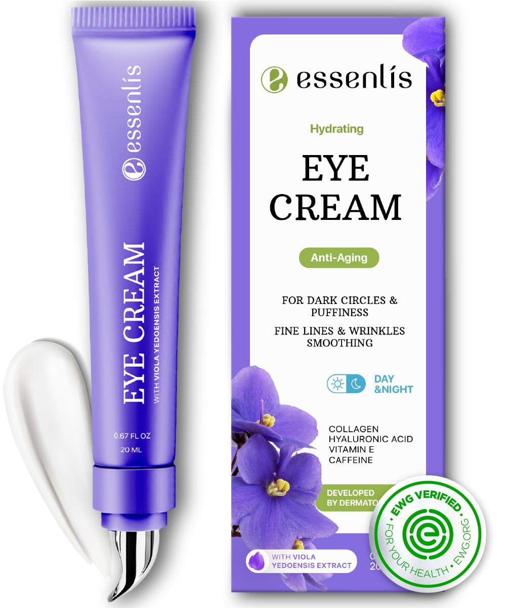ESSENLIS crema de ojos con cafeína en tubo para hidratación suave.