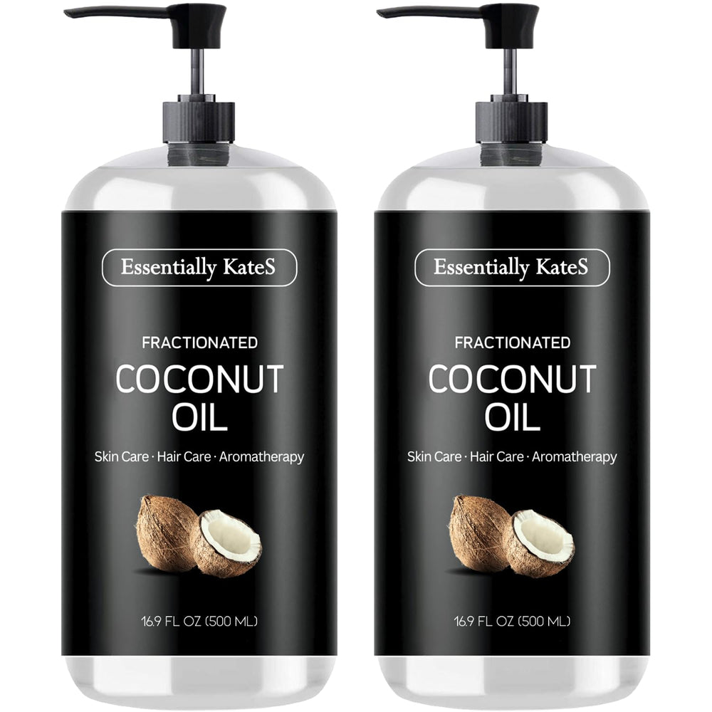 Essentially KateS fractionated coconut oil bottle pour; scent-free base for skin and hair care.