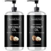Essentially KateS fractionated coconut oil bottle pour; scent-free base for skin and hair care.