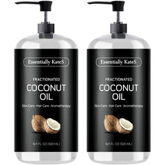 Essentially KateS fractionated coconut oil bottle pour; scent-free base for skin and hair care.