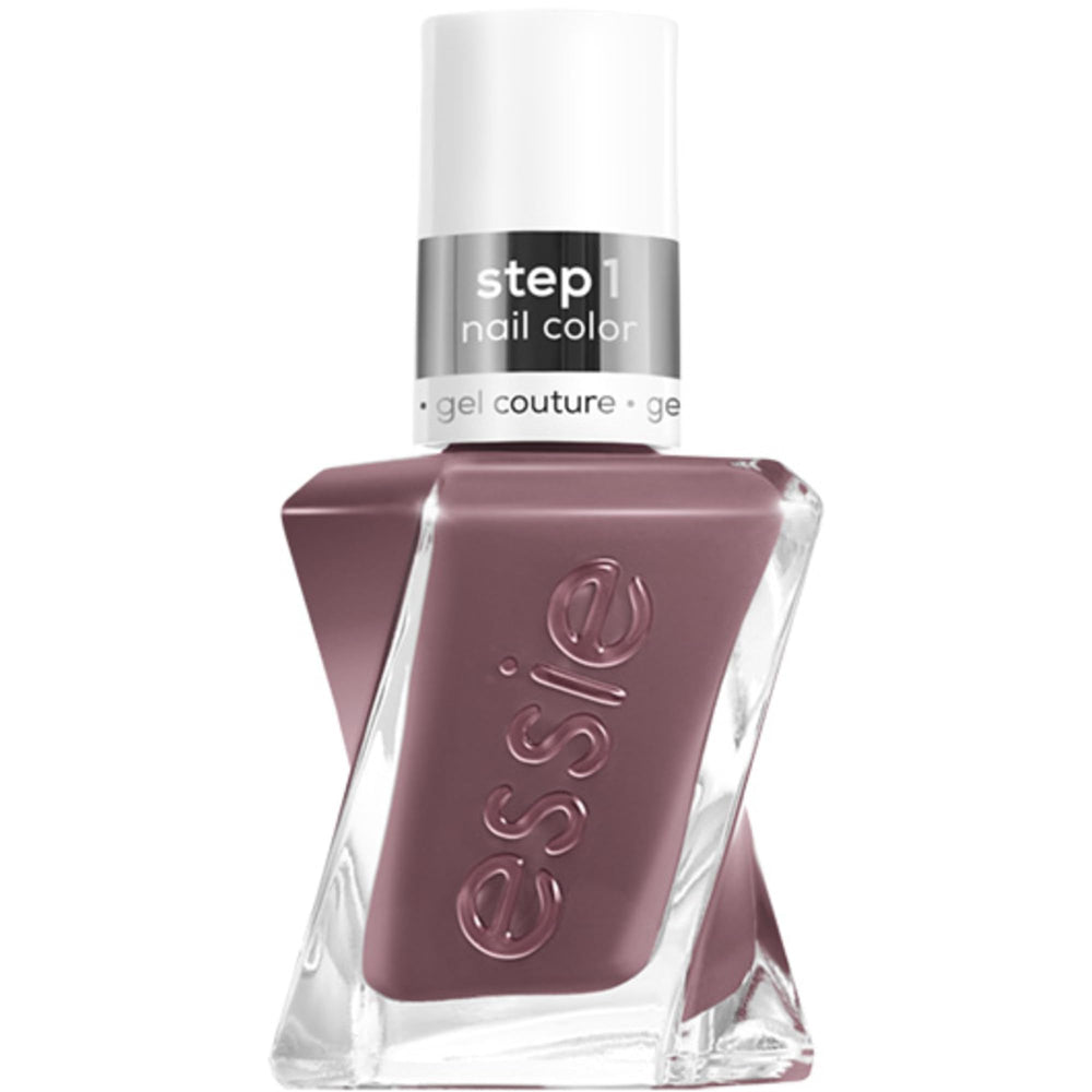 essie gel couture tono taupe, botella para uñas, acabado duradero