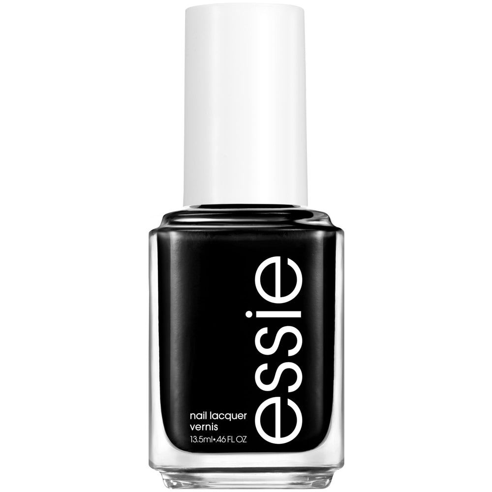 Essie Licorice: botella negra con acabado brillante para look sofisticado.